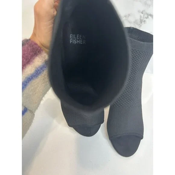 Eileen Fisher sz 9.5 Croft open toe ankle Boots block heel Mesh Knit Black EUC - Picture 3 of 7